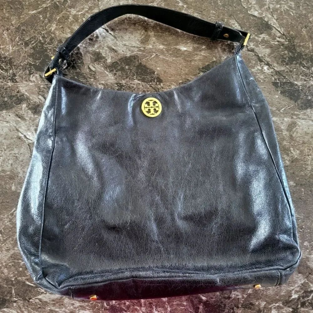 Tory Burch Black Deerskin Leather Hobo Bag Gold Accessories